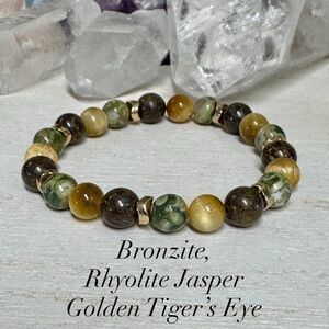 Hand Crafted Bronzite, Rhyolite Jasper and Golden Tiger's Eye Gemstone Bracelet